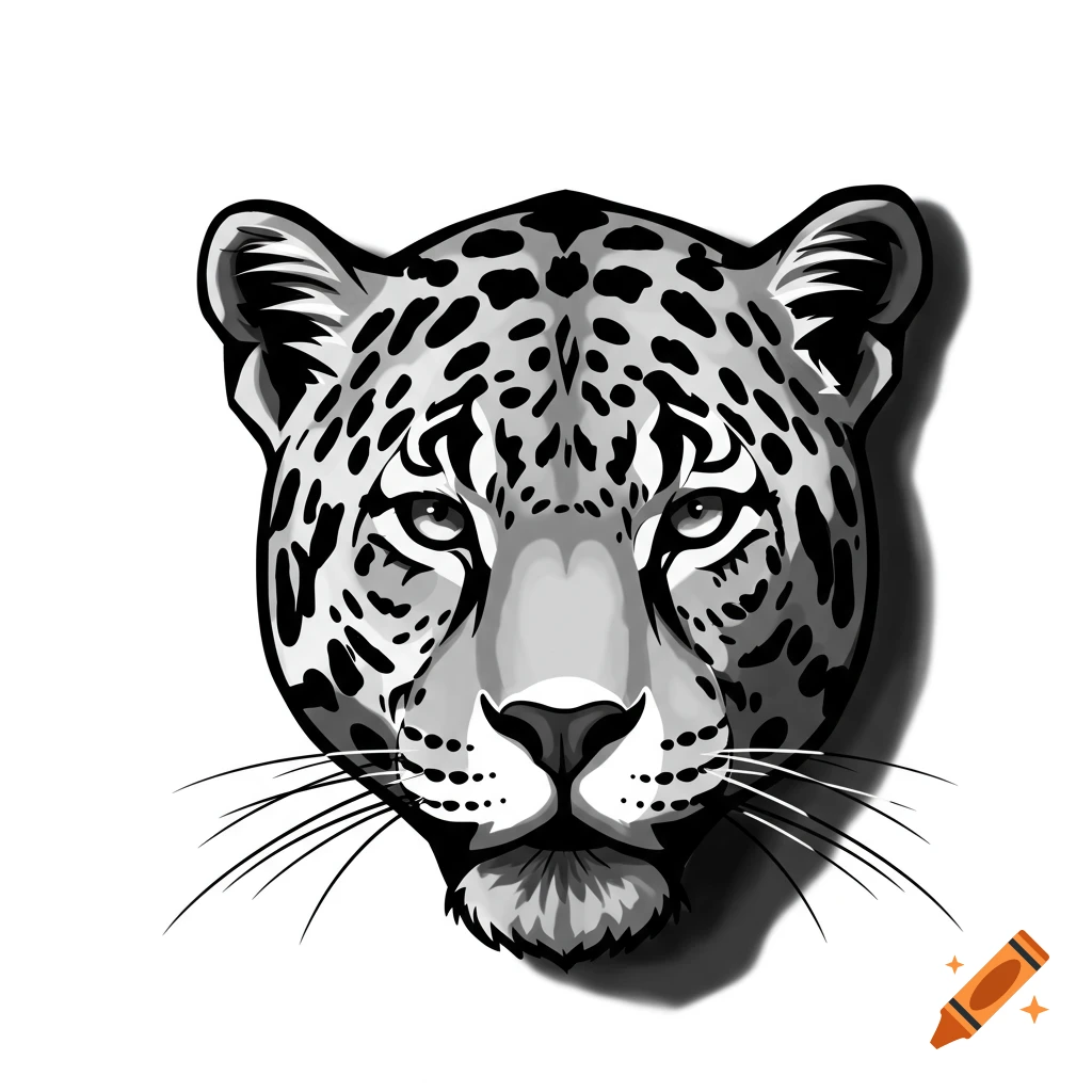Monochrome vector illustration of a jaguar head looking forward, with a dark shadow behind it.