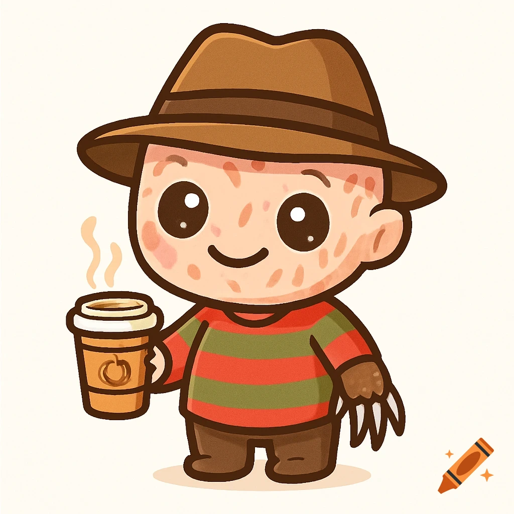Adorable chibi Freddy Krueger in a striped sweater and hat, holding a steaming pumpkin spice latte, in a cartoon style.