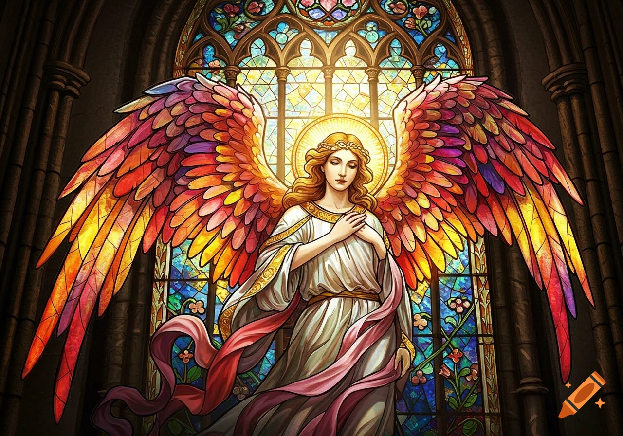An angel with colorful wings and a halo against a stained glass window, in a stained glass art style.
