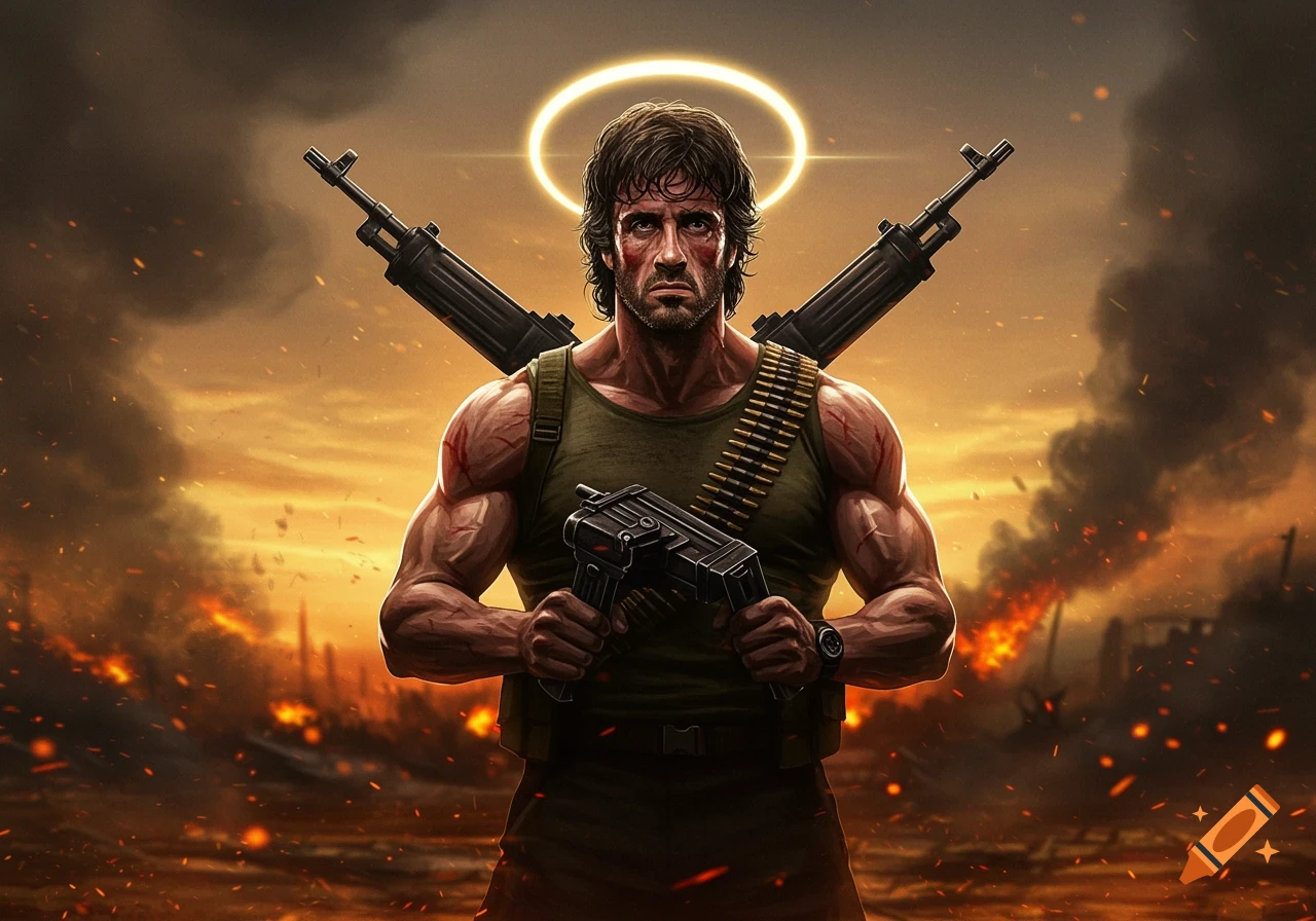 Stylized art of Rambo with a halo, holding a machine gun and two rifles, in a fiery battlefield.