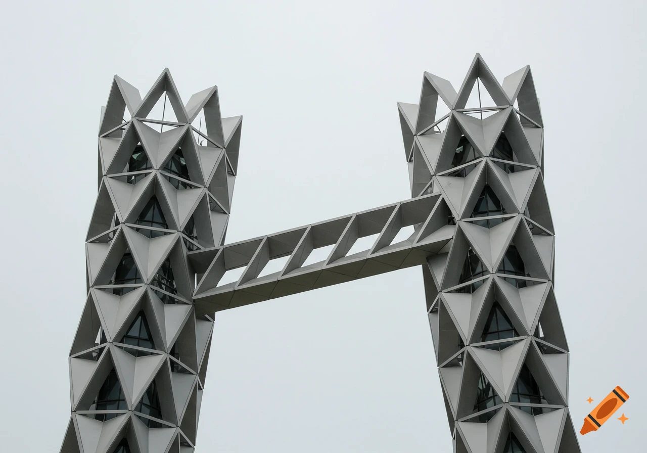Two grey geometric towers made of triangular forms, connected by a bridge of parallelograms against a light sky.