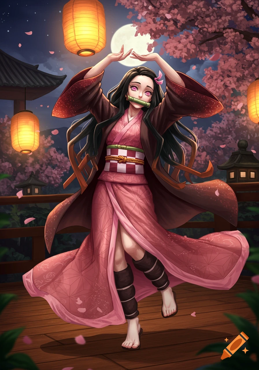 Anime character Nezuko Kamado in a kimono dances on a wooden deck at night, surrounded by lanterns and cherry blossoms under a full moon.