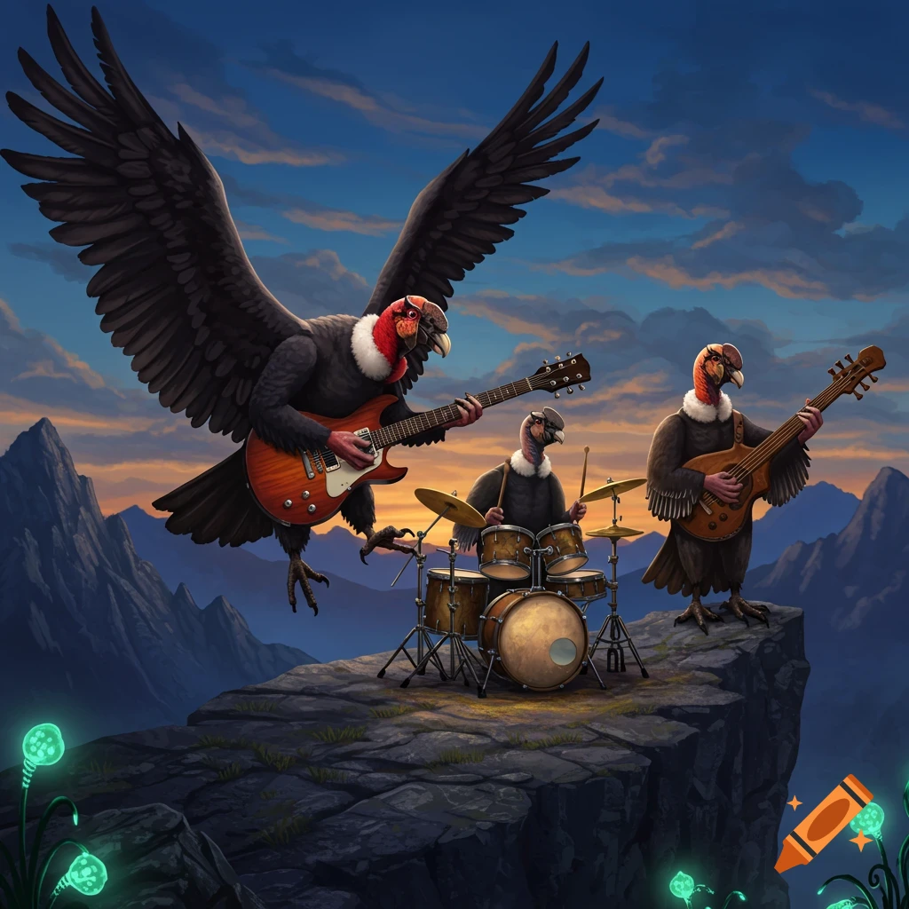 Three anthropomorphic condors playing in a rock band on a cliff at sunset, one flying with an electric guitar, one drumming, and one playing bass.
