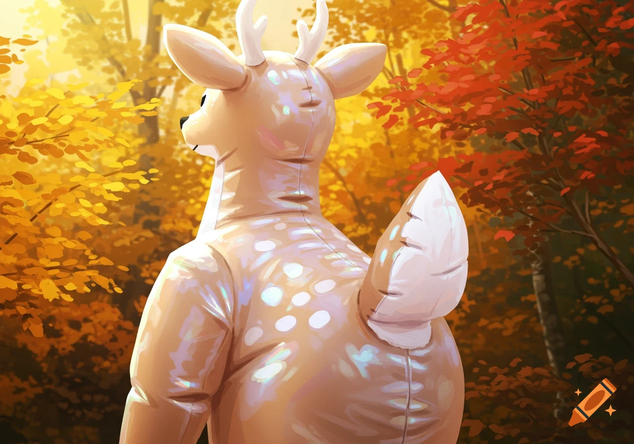 Stylized shiny deer costume from behind, in an autumn forest.