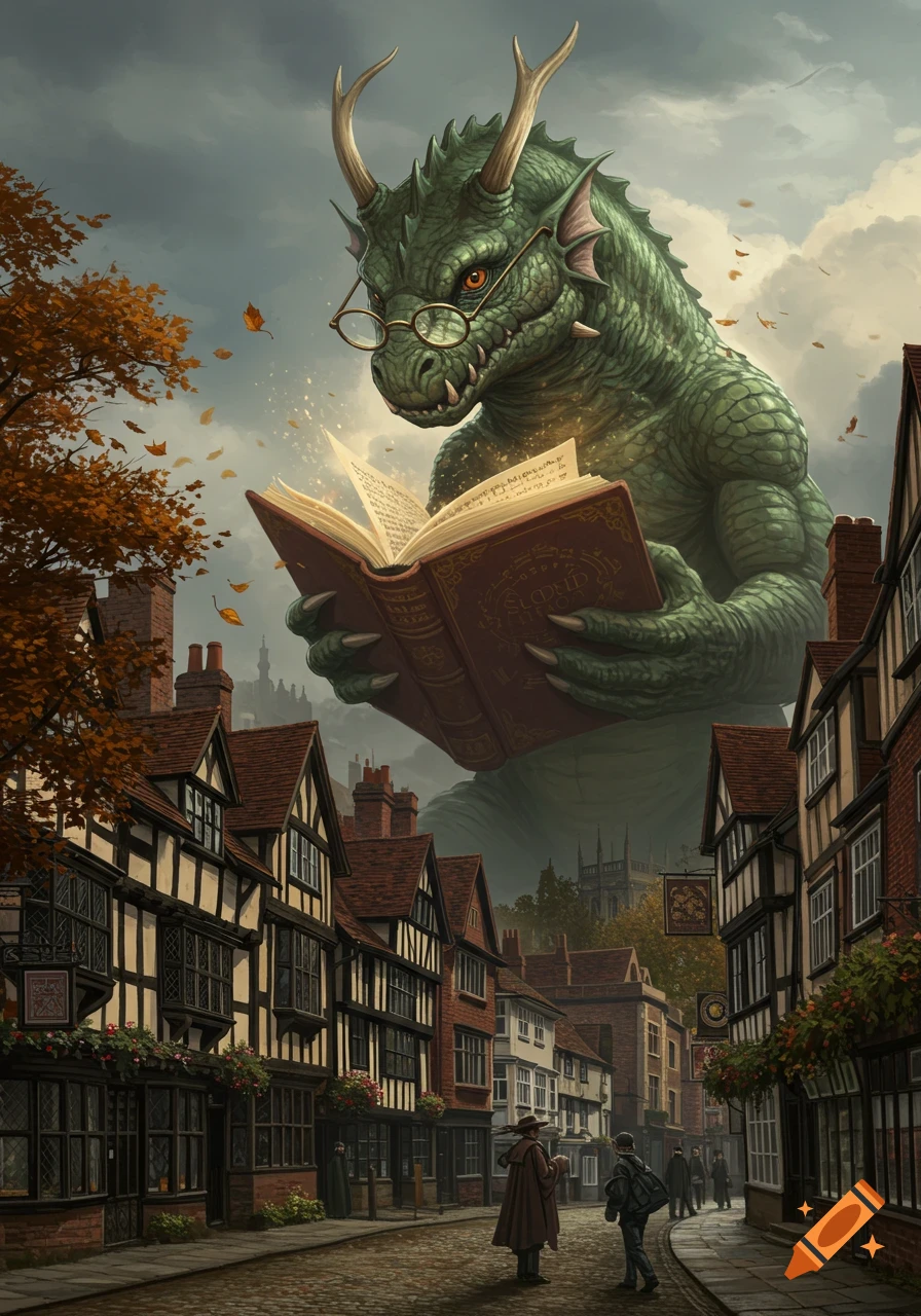 A giant green dragon wearing spectacles reads a large book while standing over an autumn street in a historic town.
