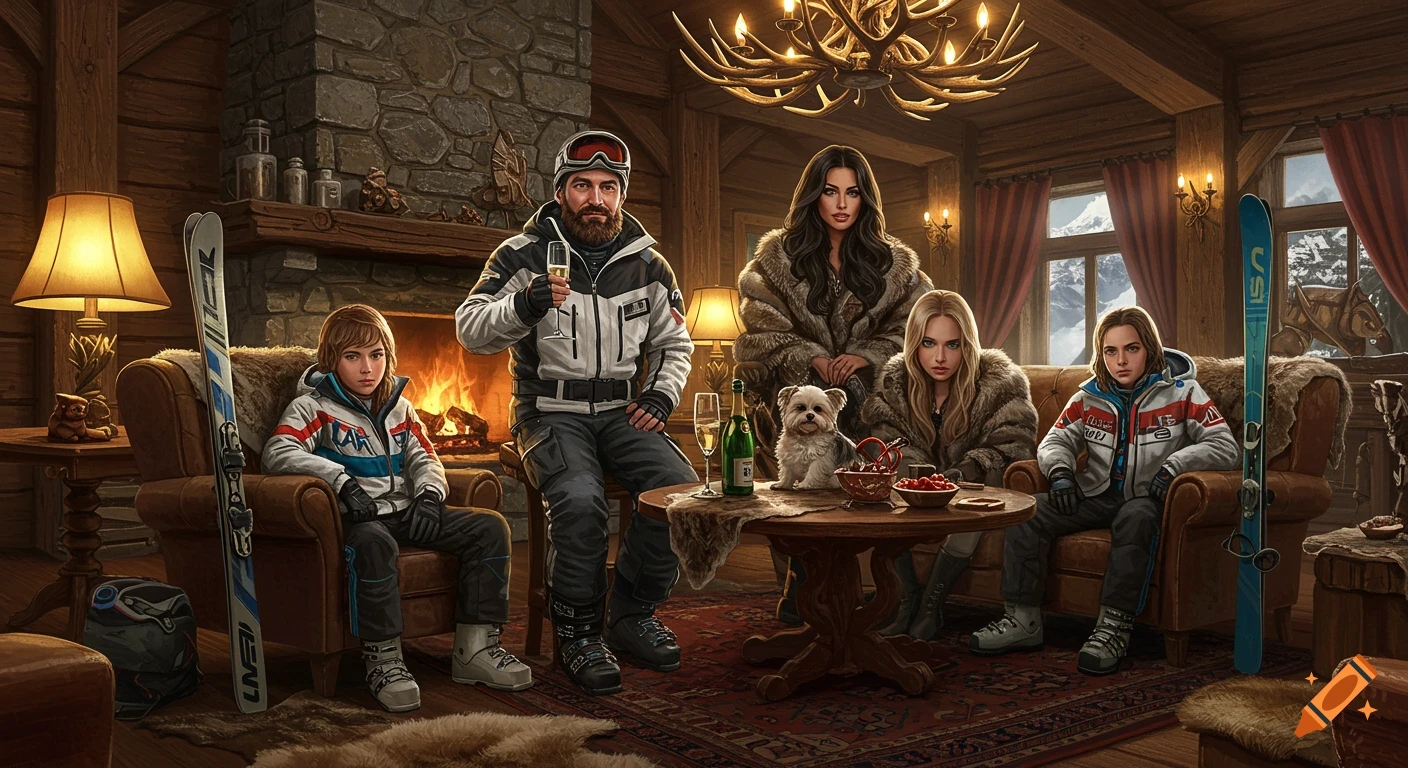 A wealthy ski family, including adults, children, and a dog, in an extravagant alpine lodge with a fireplace and antler chandelier.