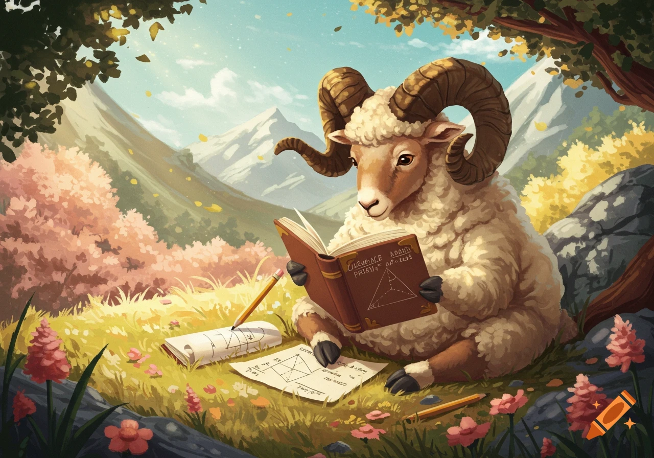 Whimsical illustration of a ram with large horns reading a math book and working on equations in a lush, mountainous landscape.