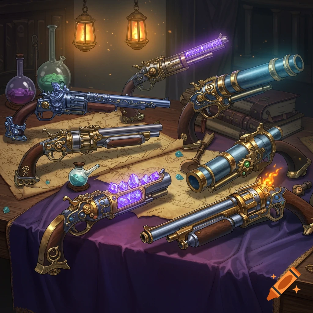Ornate fantasy firearms with glowing crystals, flames, and telescope barrels on a map-covered table, in an illustrative style.
