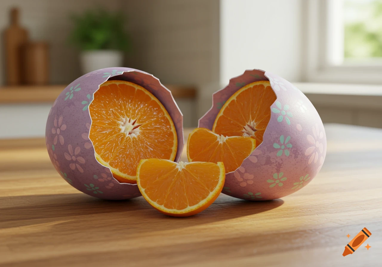 Two cracked purple Easter eggs with floral patterns reveal juicy orange halves and slices inside, on a wooden counter.