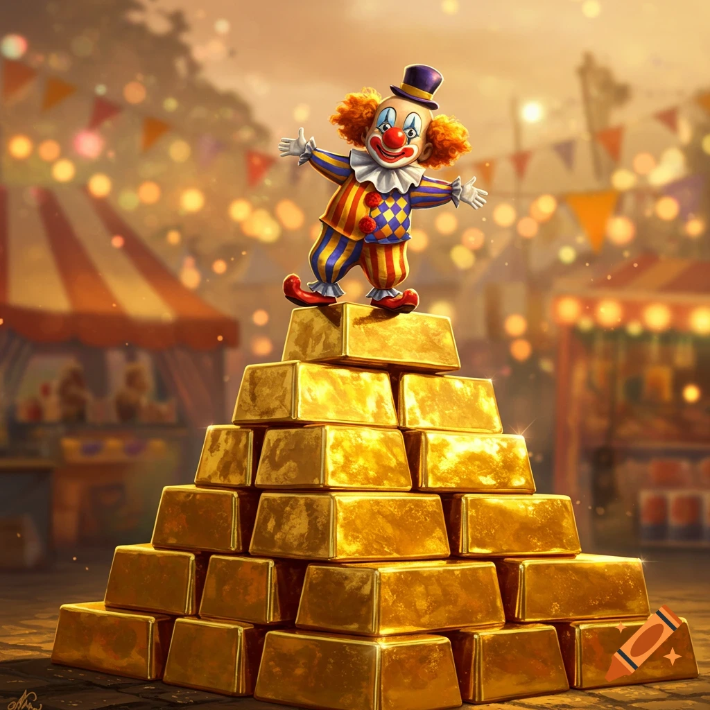 A cartoon clown in a colorful costume stands on a pyramid of shiny gold bars at a festive carnival.