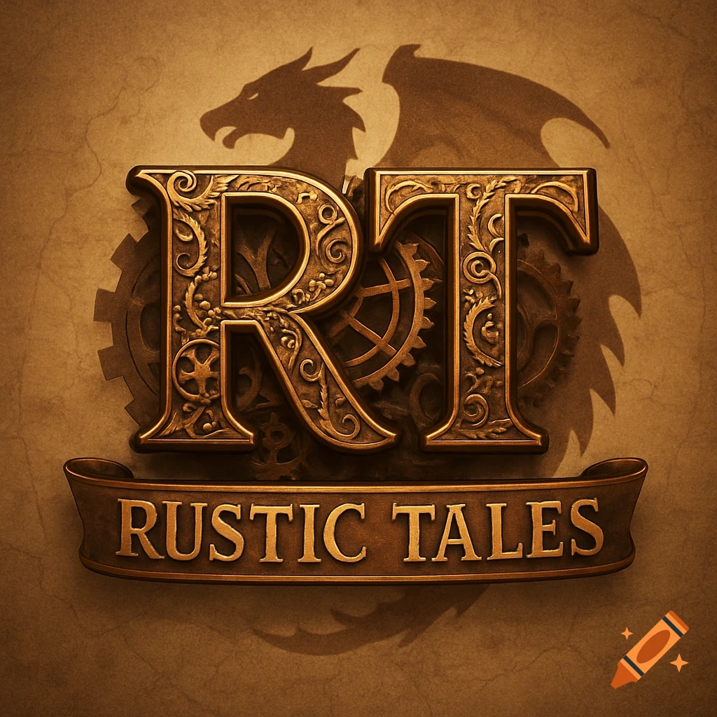 Ornate bronze logo featuring stylized 'RT' letters, a dragon silhouette, gears, and a banner with 'RUSTIC TALES' text on a brown background.
