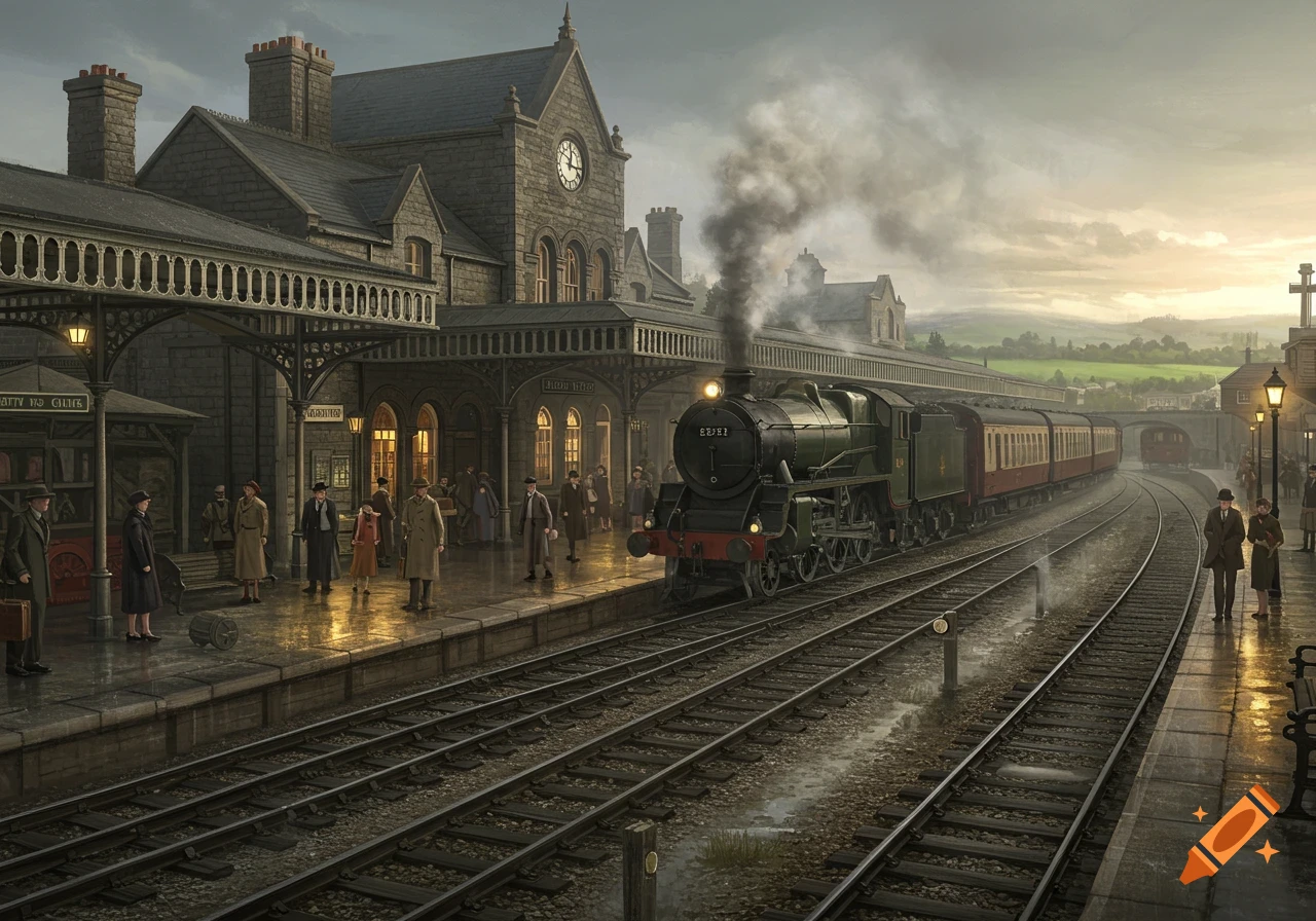 A realistic illustration of a steam train at a stone railway station with people on the platform under an overcast sky.