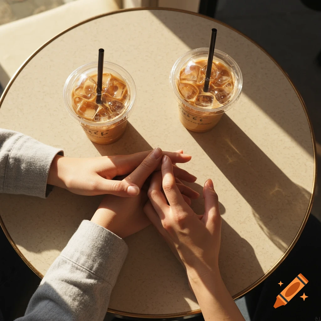 Top-down view of two people's hands gently touching on a cafe table with two iced coffees, bathed in warm sunlight.