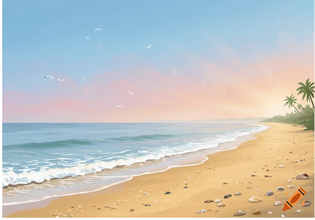 Illustrated beach landscape at sunset with gentle waves, sandy shore, palm trees, and birds in the pastel sky.