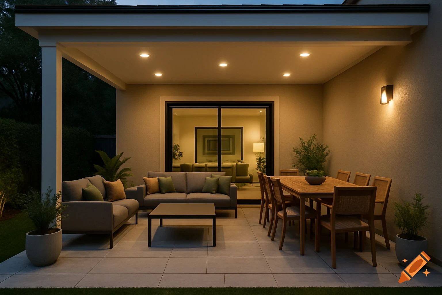 A photorealistic covered patio at dusk with a sofa seating area and a wooden dining table, illuminated by warm lights.
