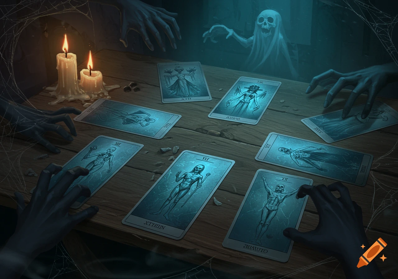 Spooky gothic scene with ghostly hands around a table, glowing tarot cards with skeletal figures, and burning candles.