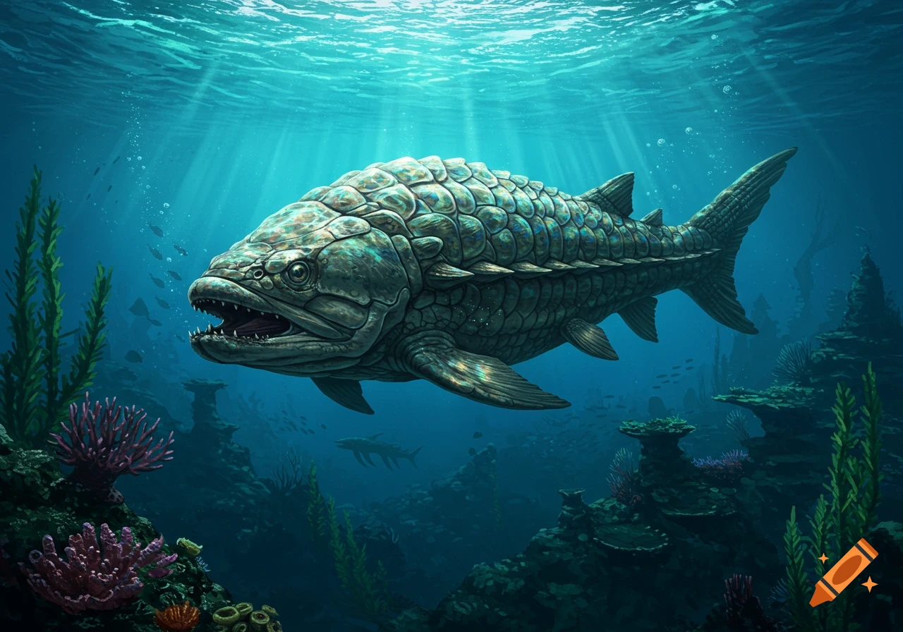 A large, armored prehistoric fish with sharp teeth swims in a deep blue ocean with light rays, corals, and sea plants.