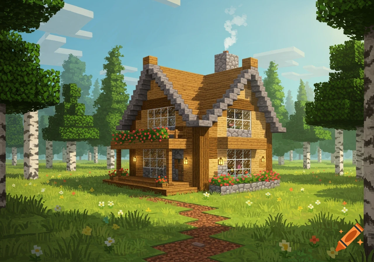 A charming pixelated Minecraft-style house with a wooden facade, stone roof, and flower boxes, set in a sunny grassy field with birch trees.