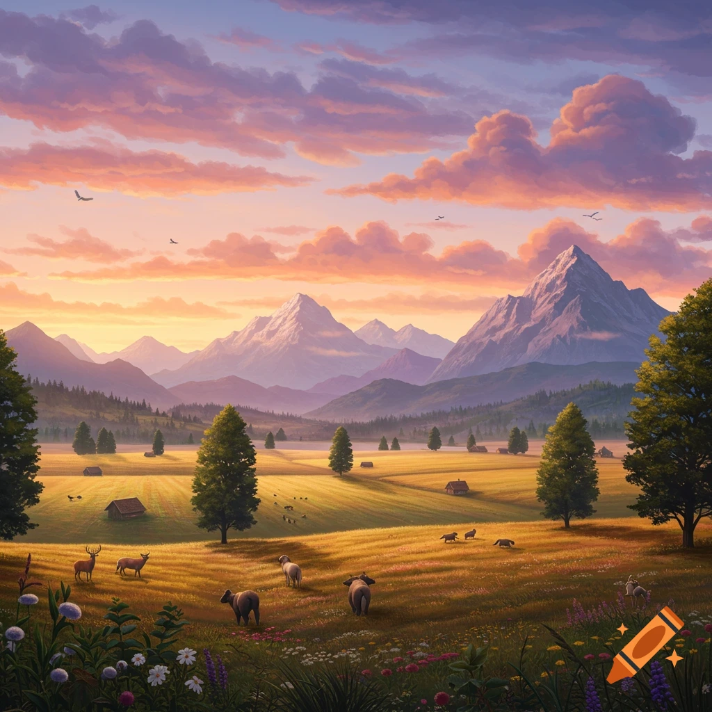 A vibrant digital painting of a mountain valley at sunset with golden fields, trees, grazing deer, sheep, and cabins.