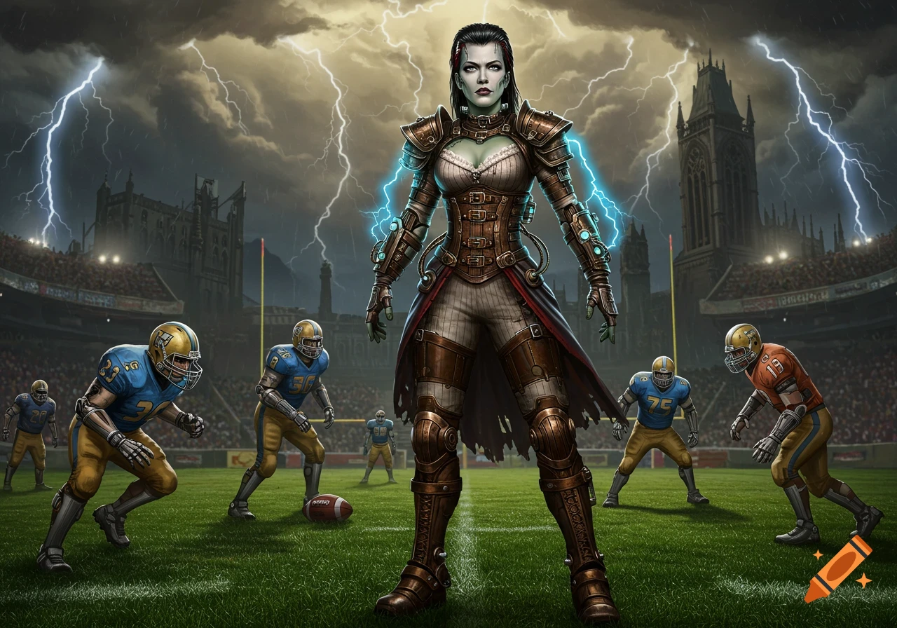 A female Frankenstein-like figure in steampunk armor stands on a football field under a stormy, lightning-filled sky, with players around her.