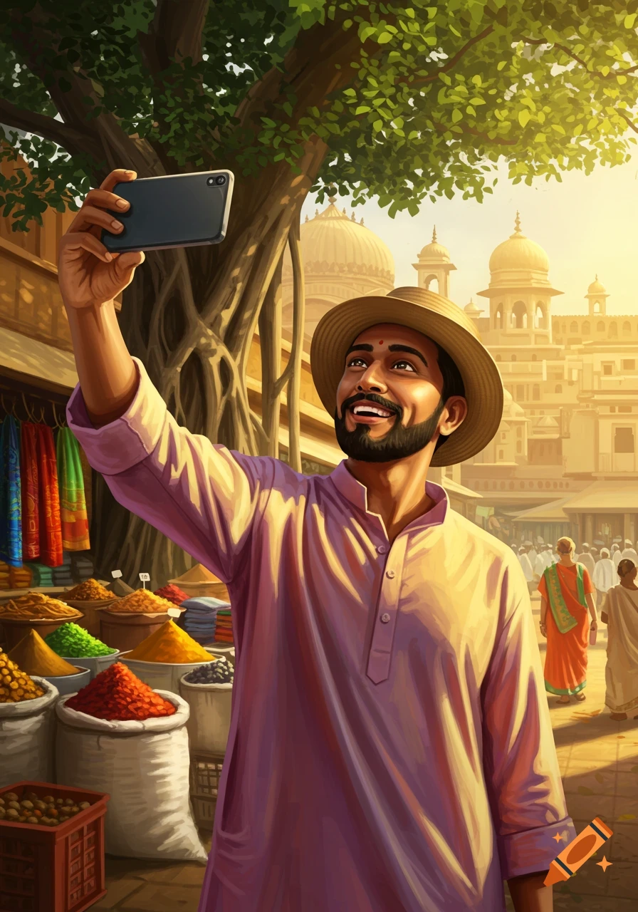 A smiling Indian man in a market takes a selfie with his phone, an old city and leafy tree in the background. Digital illustration.