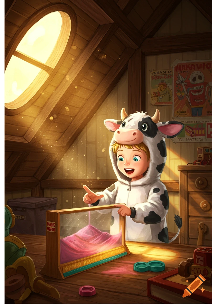 A cheerful child dressed in a cow costume plays with a "Magic Window" toy, pointing at it in a sunlit attic room filled with toys and posters, in a warm, illustrative style.
