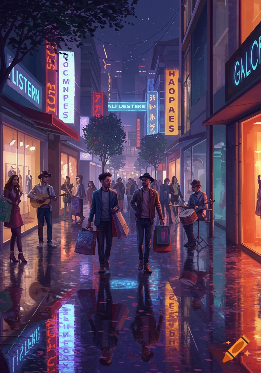 A vibrant, neon-lit city street at night with people shopping and walking, reflections on wet ground.