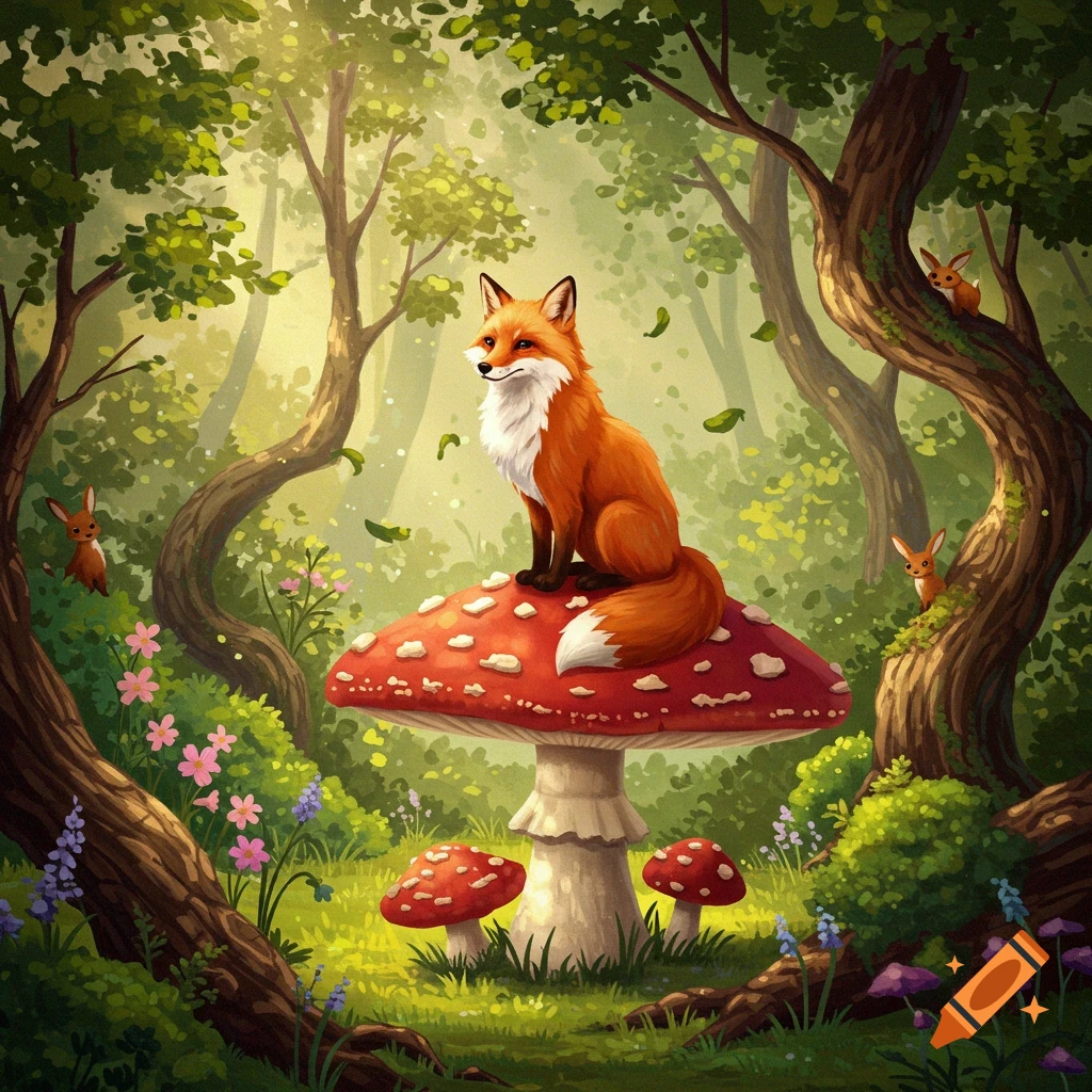 A red fox with a white chest sits on a large red mushroom in a lush, painterly forest with small bunnies hidden among green trees.