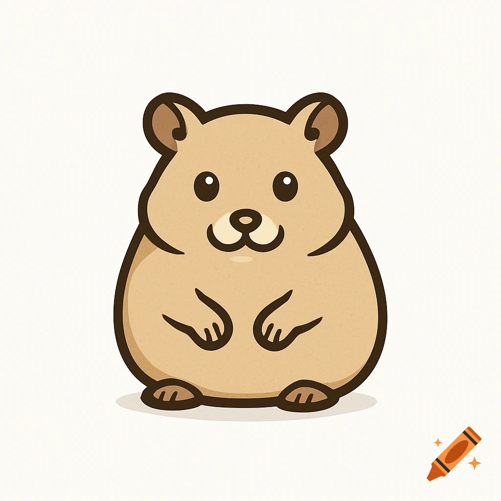 A cute, chubby, beige cartoon hamster logo with dark outlines, standing on a white background.
