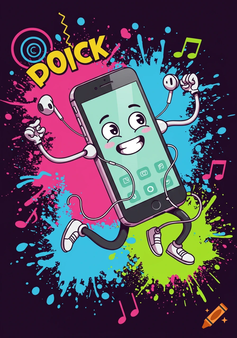 A vibrant cartoon of a smiling smartphone character with arms and legs, wearing earbuds, dancing amidst pink, blue, and green paint splatters and musical notes. The word "DOICK" is in yellow at the top.