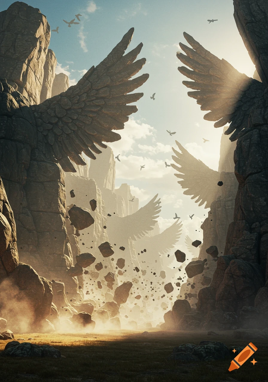 Dramatic fantasy landscape with towering rock formations resembling giant bird wings and falling rocks in a sunny canyon.