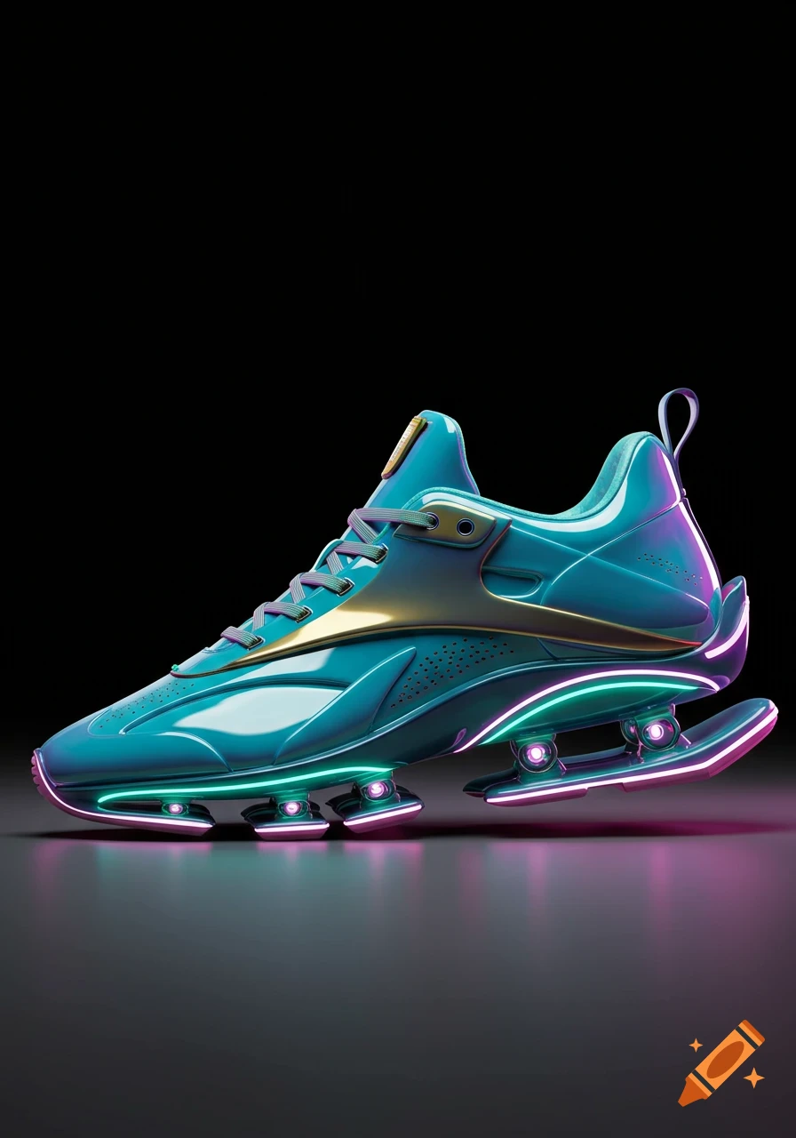 A futuristic teal and gold sneaker with glowing neon pink and green accents, against a dark reflective surface.