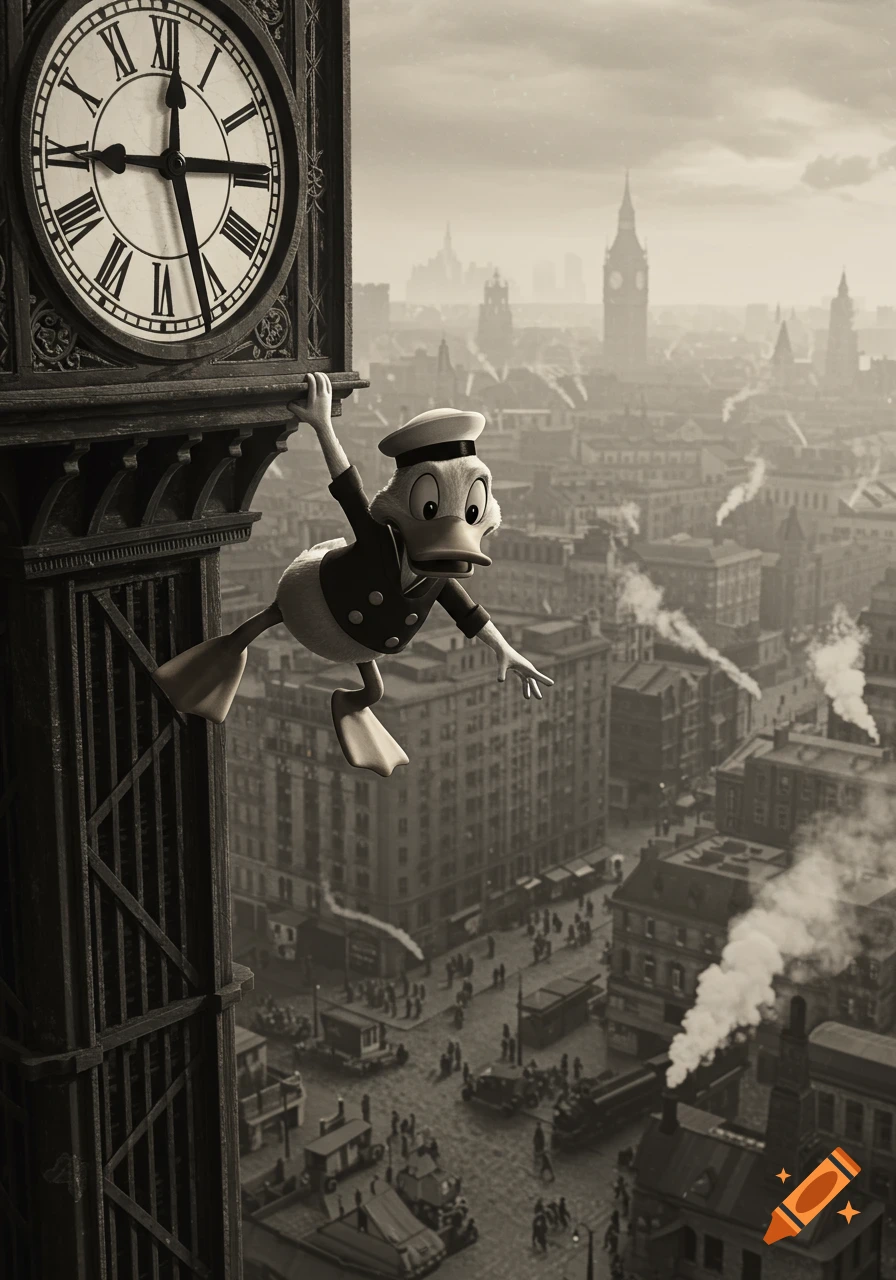 Donald Duck in a sailor suit hangs from a large tower clock above a sprawling vintage city, rendered in sepia tones.