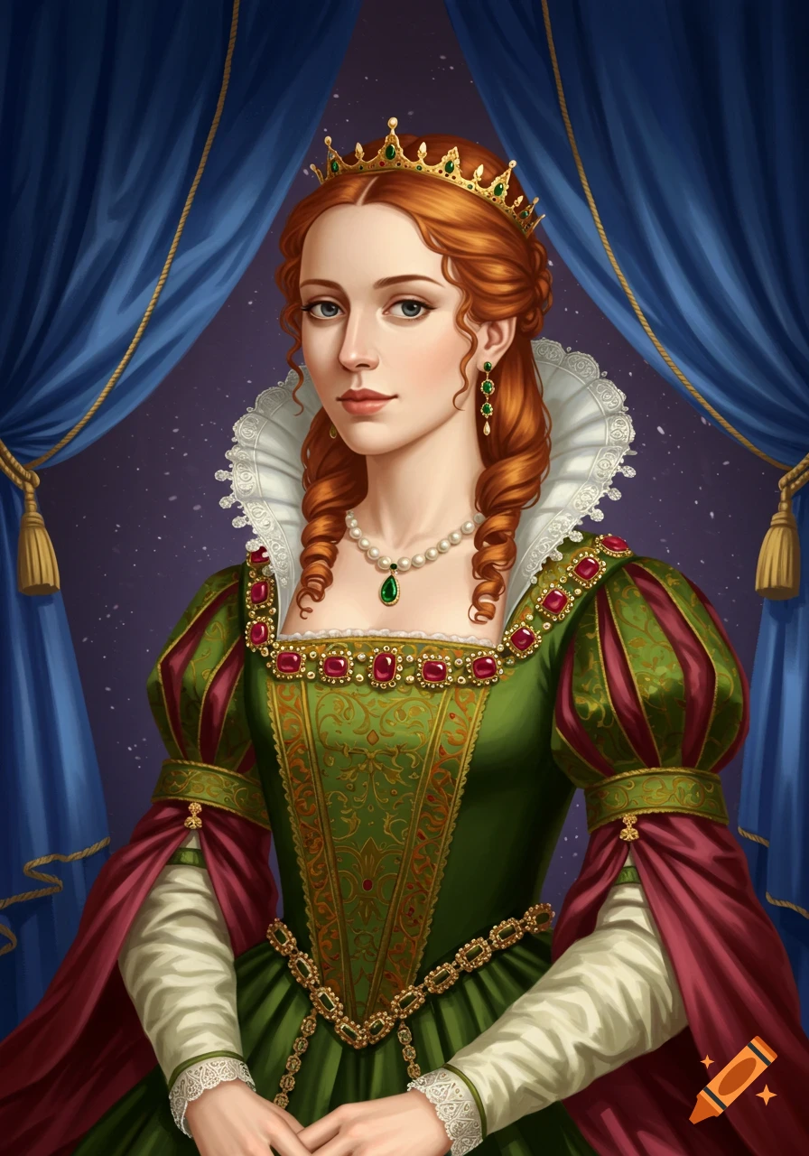 A Renaissance-style portrait painting of a red-haired queen wearing a gold crown, pearl necklace, and an ornate green and red gown.