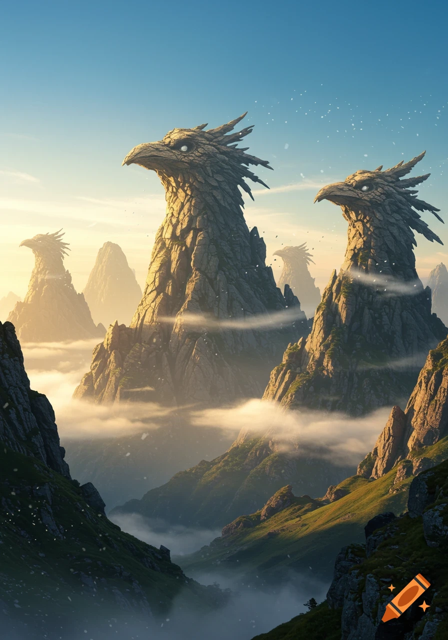 Majestic, photorealistic mountain peaks sculpted like giant birds, rising above a misty valley at sunrise.