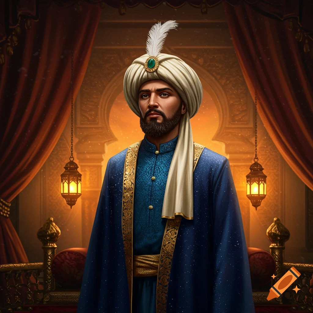 Portrait of a man in ornate blue and gold robes and a cream turban with a feather and green jewel, in a richly decorated room.