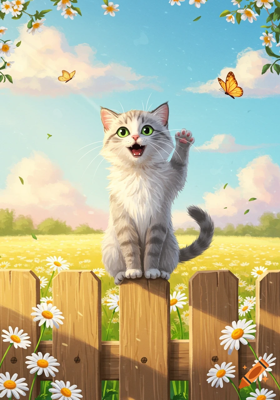 Cute fluffy grey and white cat waving on a wooden fence post in a daisy field under a blue sky, cartoon illustration.