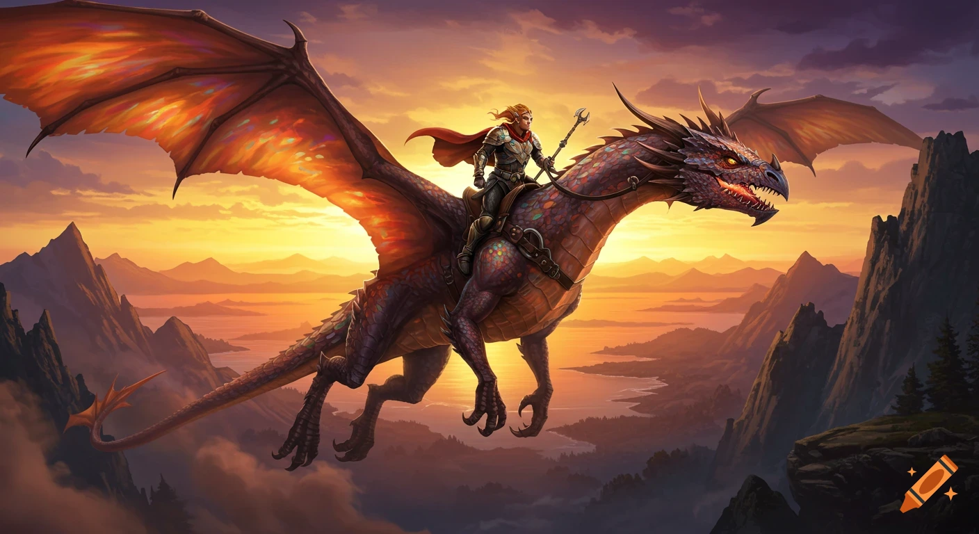 A majestic dragon with a brave rider soars through a vibrant sunset sky over rugged mountains and a vast sea.