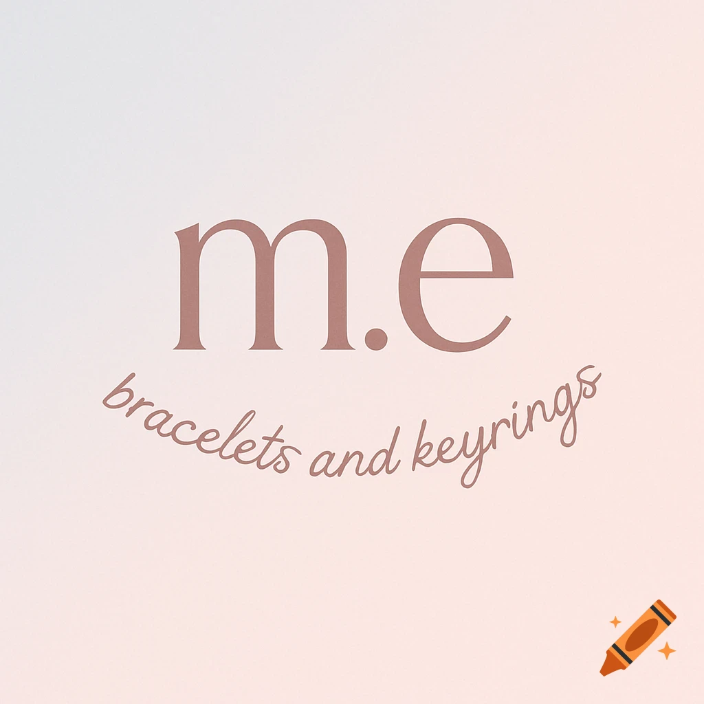 Minimalist logo with 'm.e bracelets and keyrings' text in a warm brown on a pastel pink and blue gradient background.