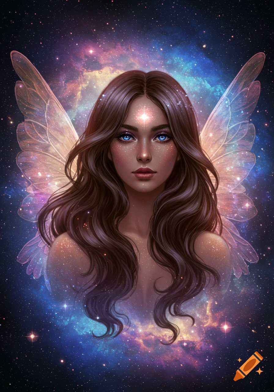 A mystical brunette fairy with sparkling blue eyes, delicate wings, and a glowing third eye, set against a vibrant galaxy background.