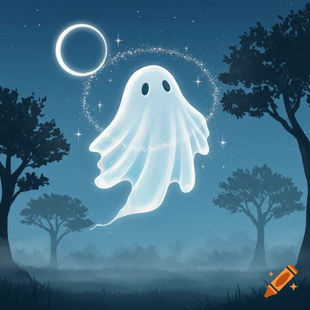 A cute white ghost floats in a magical, starry night forest with trees silhouetted against a blue sky and a crescent moon.