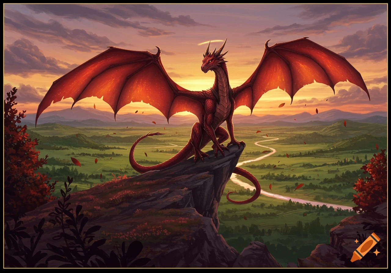A majestic red dragon perches on a cliff overlooking a lush green valley with a winding river at sunset, in a fantasy art style.