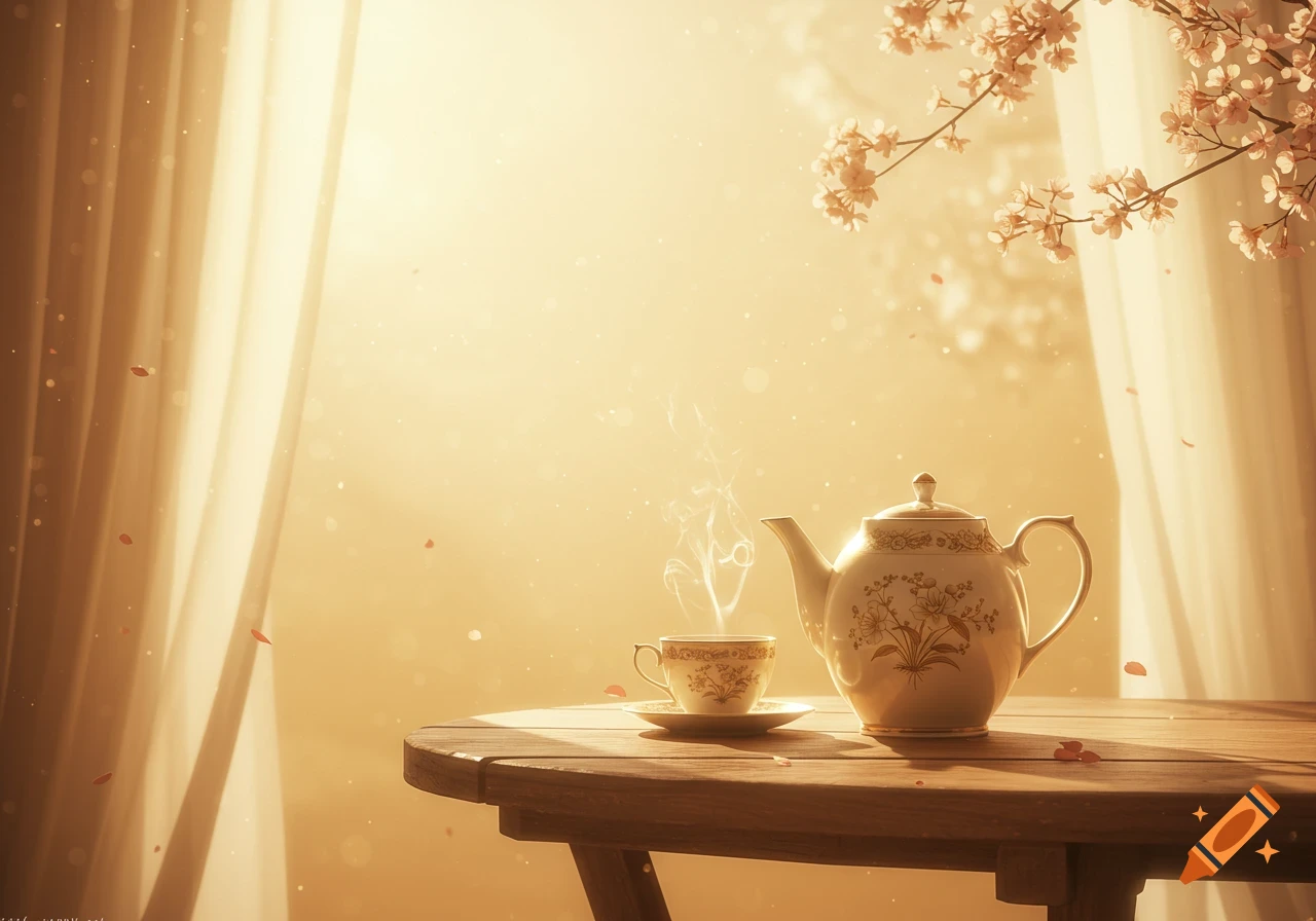 A serene still life of a steaming teacup and ornate teapot on a wooden table, bathed in warm sunlight with cherry blossoms overhead.