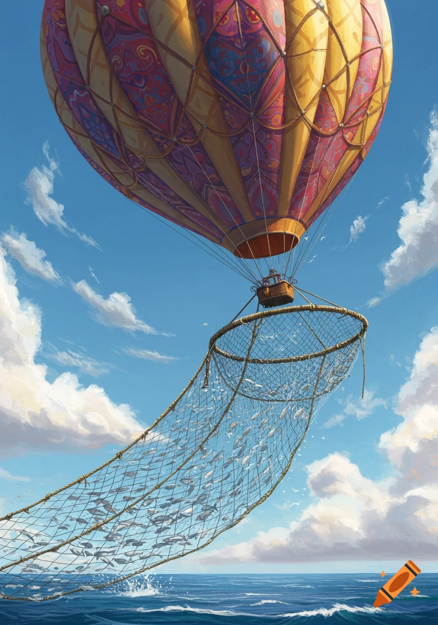 A colorful hot air balloon with intricate patterns hovers over the ocean, pulling a large fishing net filled with fish.