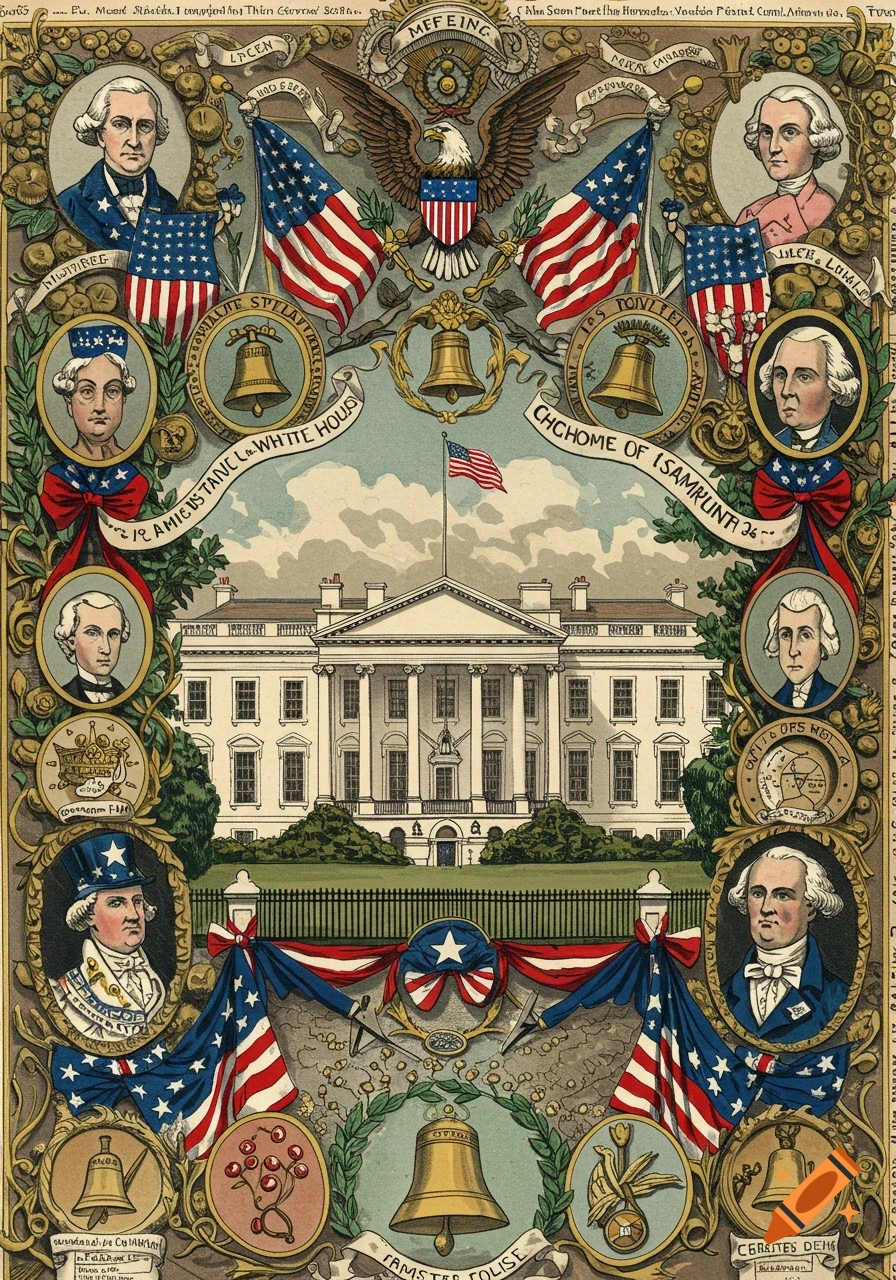 Vintage political cartoon style illustration of the White House framed by US presidents, flags, eagles, and liberty bells.