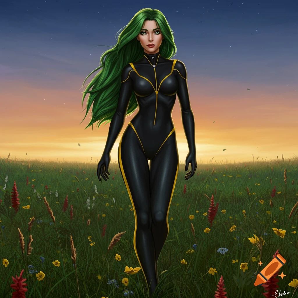 A woman with long green hair and green eyes wears a black catsuit with yellow stripes, walking through a field of wildflowers at sunset.