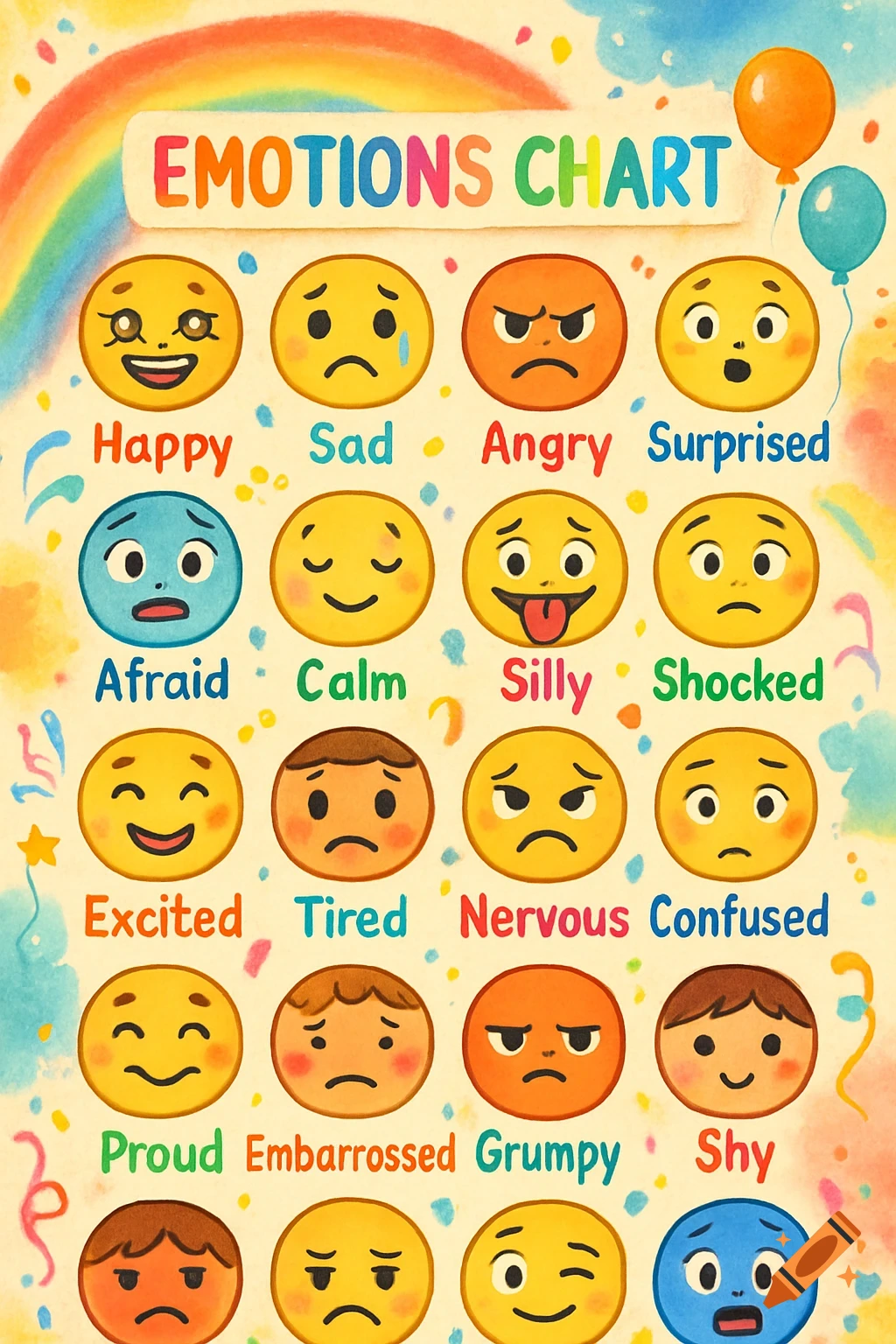 Colorful watercolor emotions chart for children, featuring 20 expressive emoji faces with text labels for feelings like happy, sad, angry.