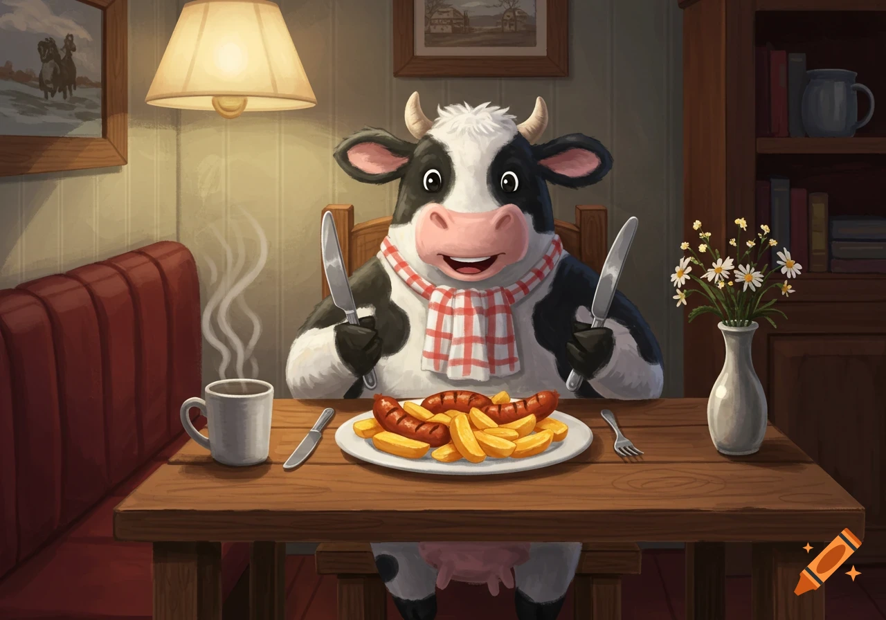 A cheerful cartoon cow, wearing a serviette, sits at a table holding a knife and fork, ready to eat a plate of sausages and chips.