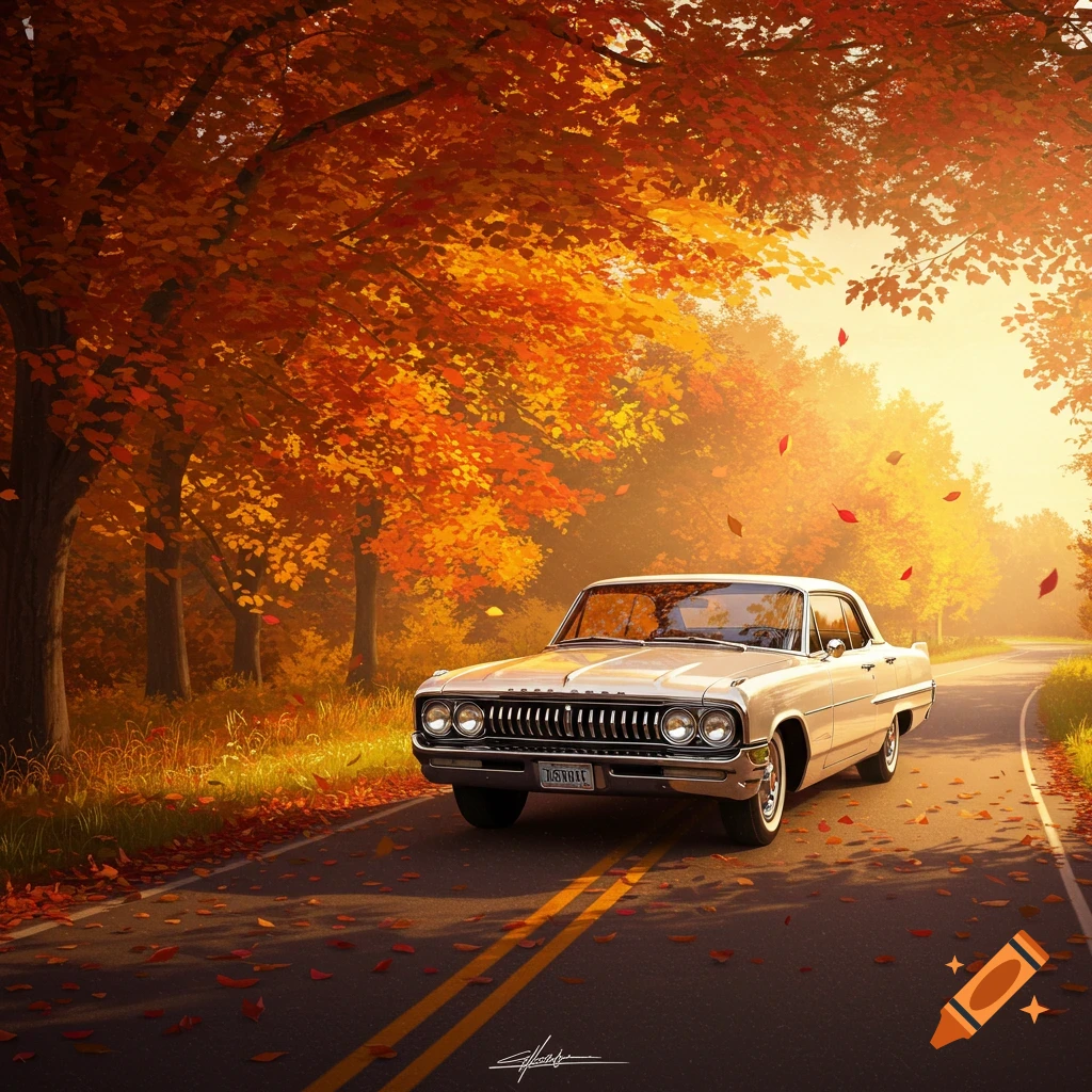 A classic white car on a winding road lined with vibrant orange and red autumn trees, with leaves falling.