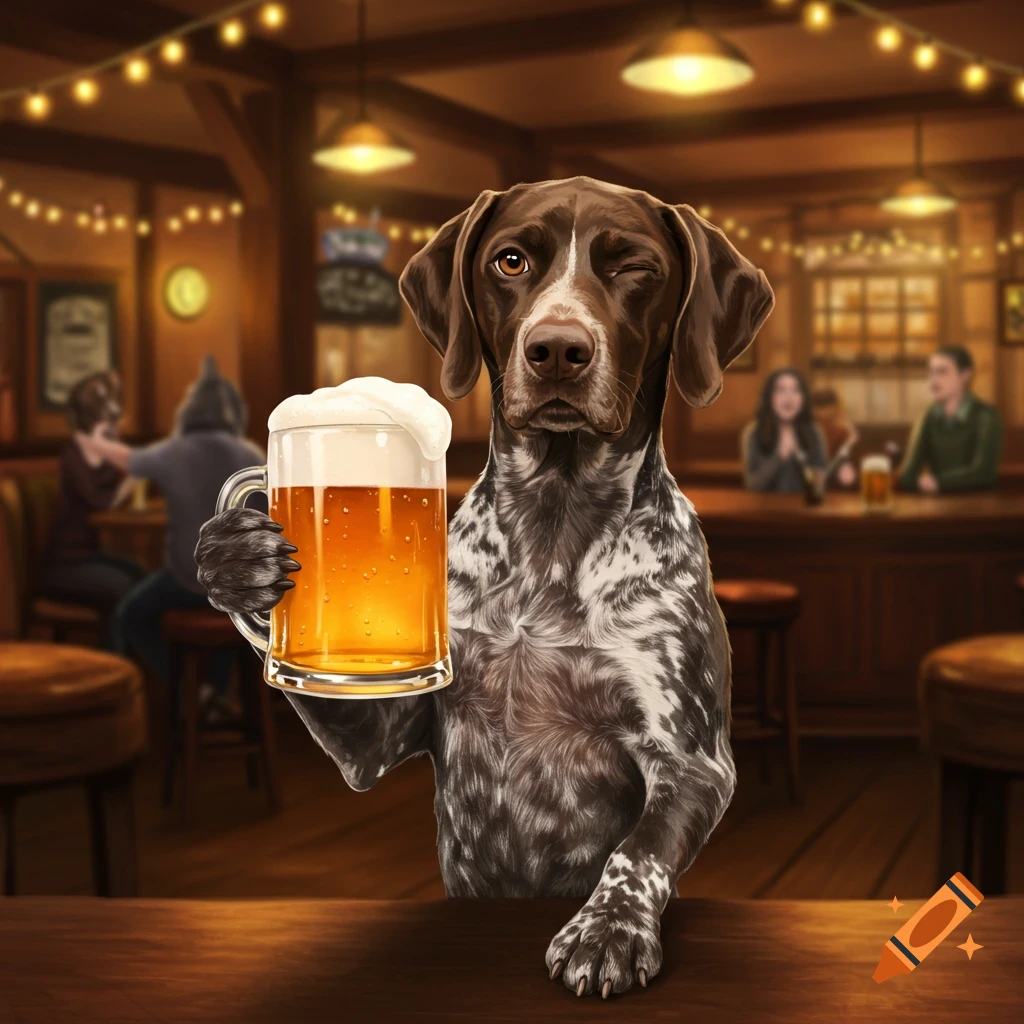 A German Shorthaired Pointer dog winks while holding a mug of beer, standing at a wooden bar in a dimly lit pub.
